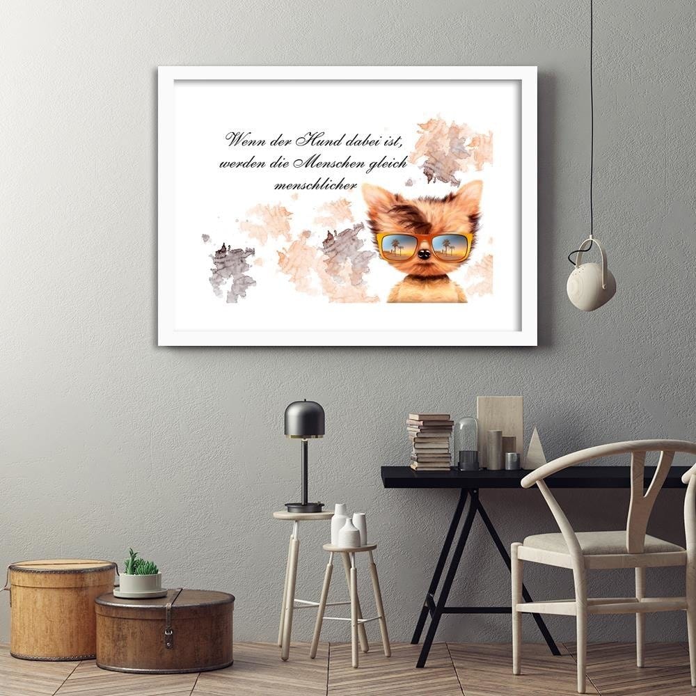 Glezna baltā rāmī - Small Dog With Glasses Home Trends DECO