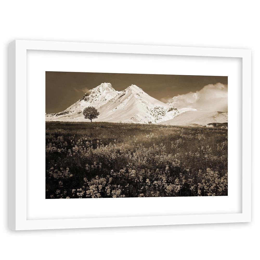 Glezna baltā rāmī - Snowy Mountains And Colorful Meadow 1 Home Trends DECO