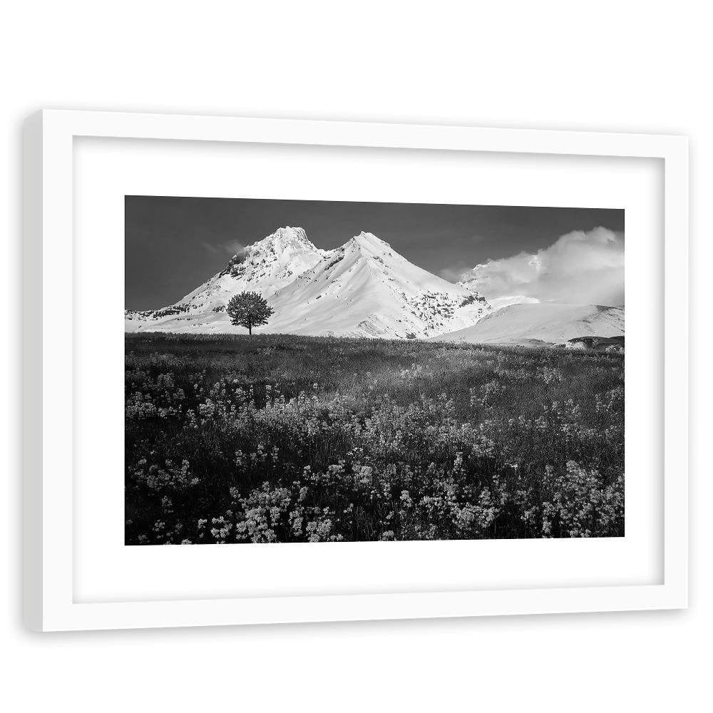 Glezna baltā rāmī - Snowy Mountains And Colorful Meadow 2 Home Trends DECO