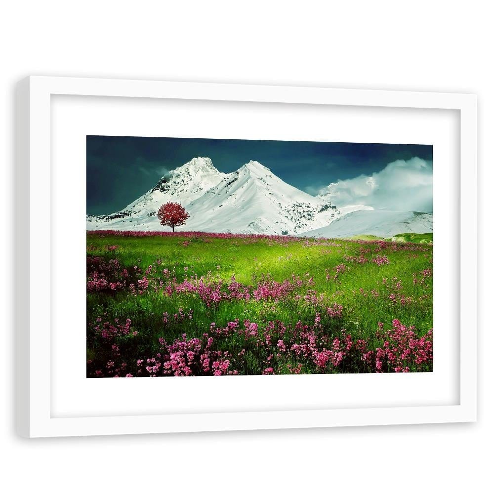 Glezna baltā rāmī - Snowy Mountains And Colorful Meadow 3 Home Trends DECO