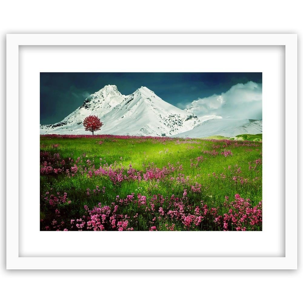 Glezna baltā rāmī - Snowy Mountains And Colorful Meadow 3 Home Trends DECO