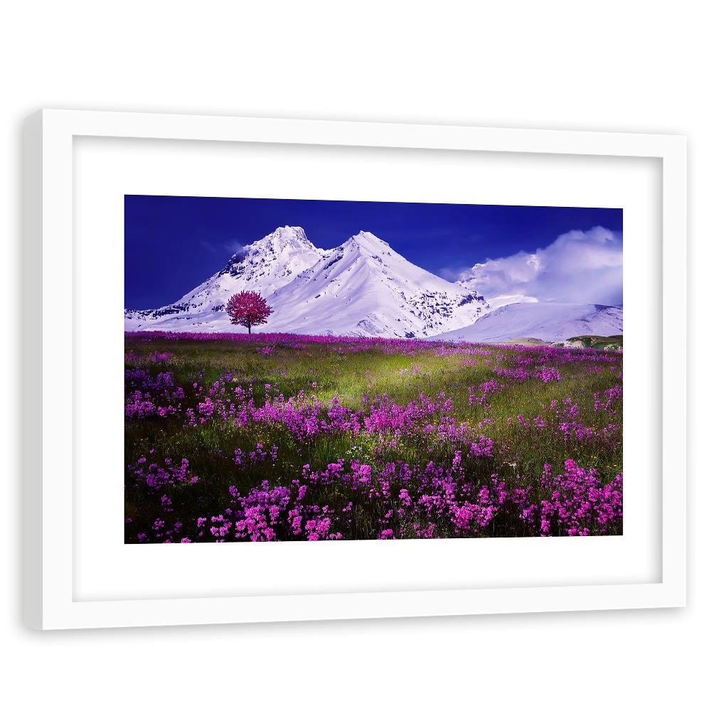 Glezna baltā rāmī - Snowy Mountains And Colorful Meadow 4 Home Trends DECO