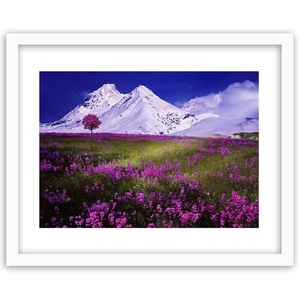 Glezna baltā rāmī - Snowy Mountains And Colorful Meadow 4 Home Trends DECO
