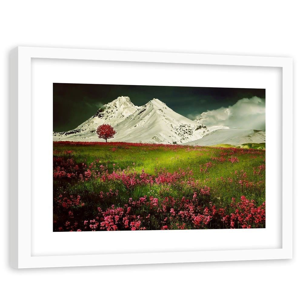 Glezna baltā rāmī - Snowy Mountains And Colorful Meadow Home Trends DECO