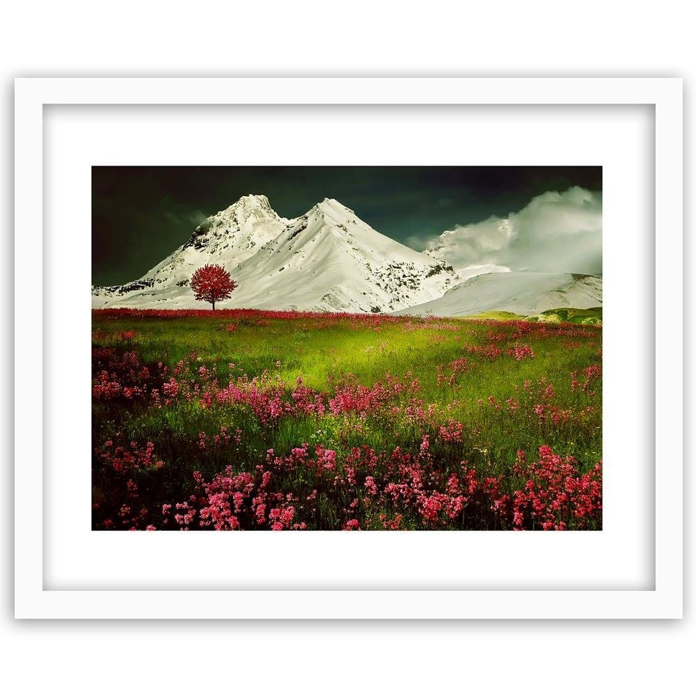 Glezna baltā rāmī - Snowy Mountains And Colorful Meadow Home Trends DECO