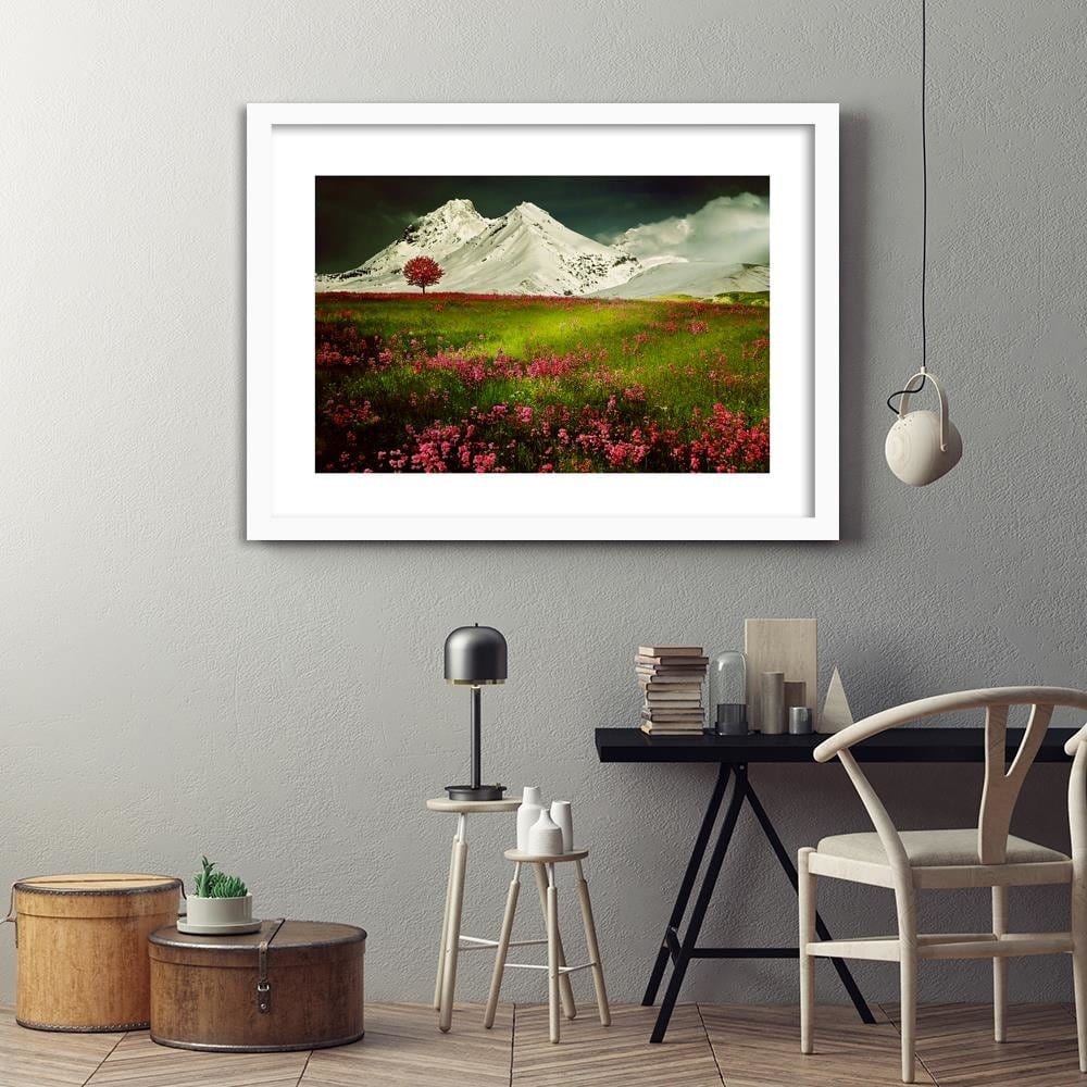 Glezna baltā rāmī - Snowy Mountains And Colorful Meadow Home Trends DECO