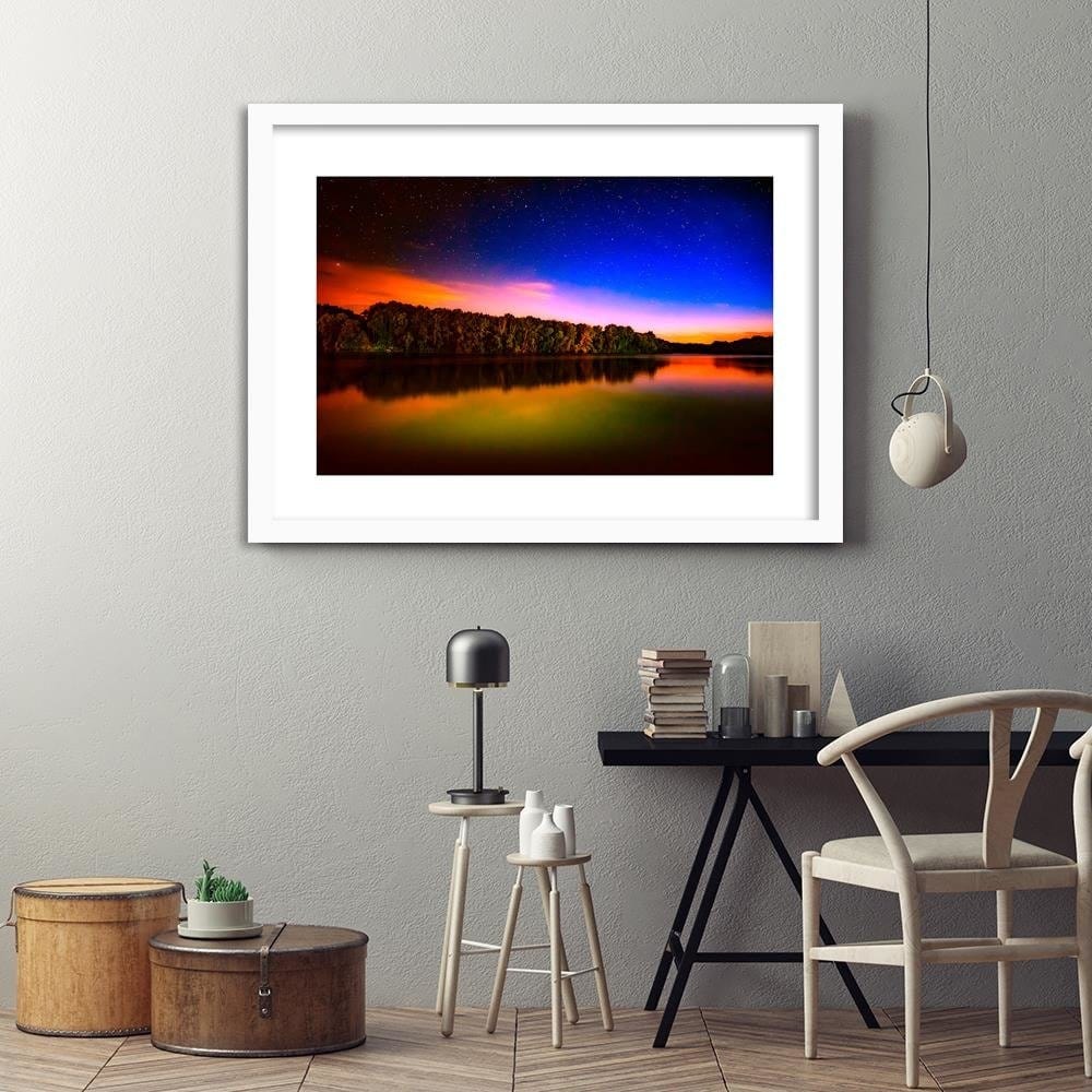 Glezna baltā rāmī - Starry Sky Over The Lake Home Trends DECO