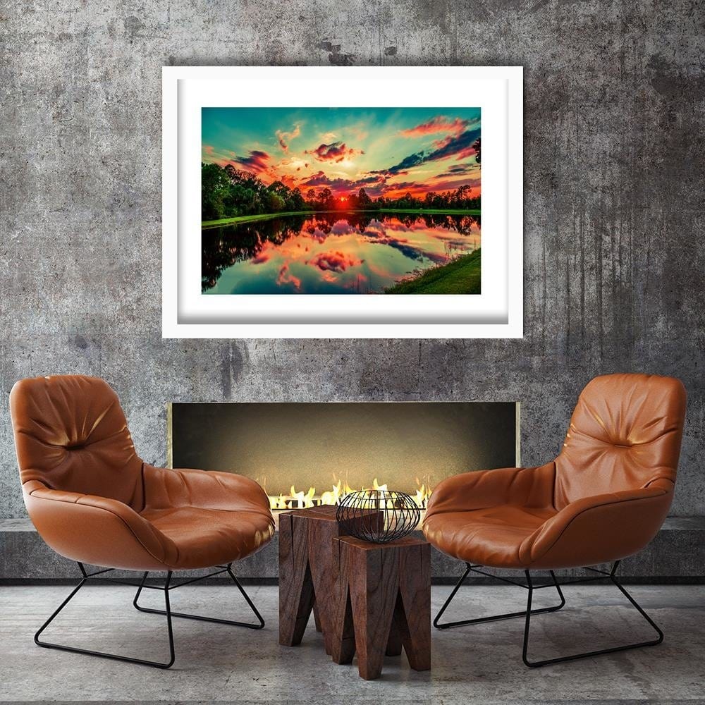Glezna baltā rāmī - Sunrise Over The Lake 4 Home Trends DECO