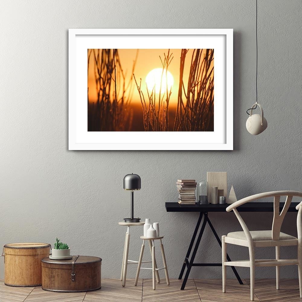 Glezna baltā rāmī - Sunset And Shrubs Home Trends DECO