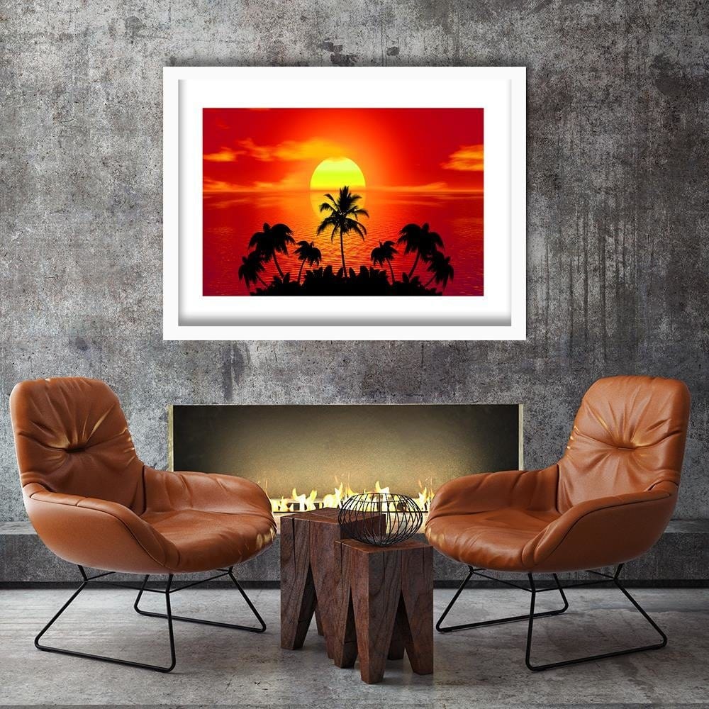 Glezna baltā rāmī - Sunset With Palm Trees 4 Home Trends DECO