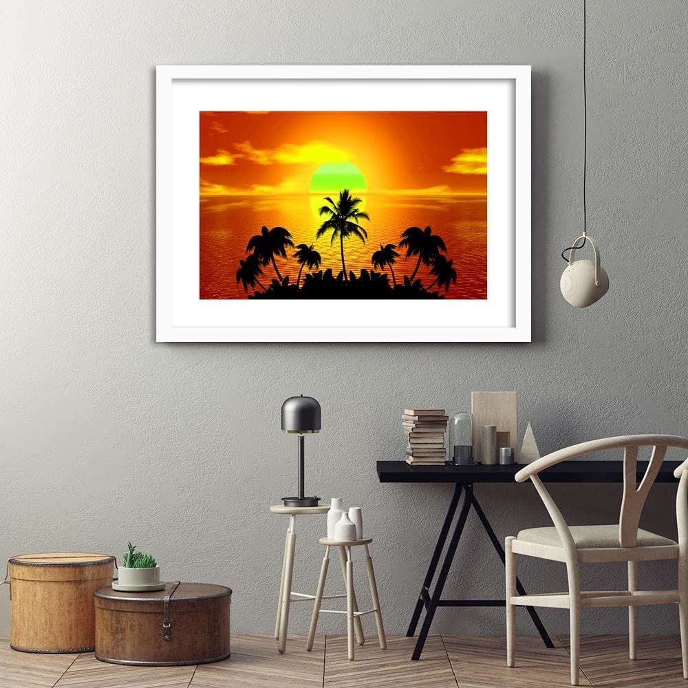 Glezna baltā rāmī - Sunset With Palm Trees Home Trends DECO
