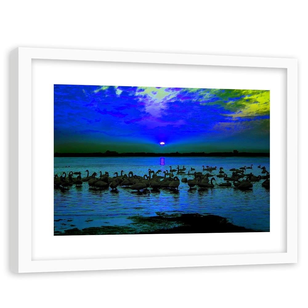 Glezna baltā rāmī - Swans On The Shore Of A Lake Home Trends DECO
