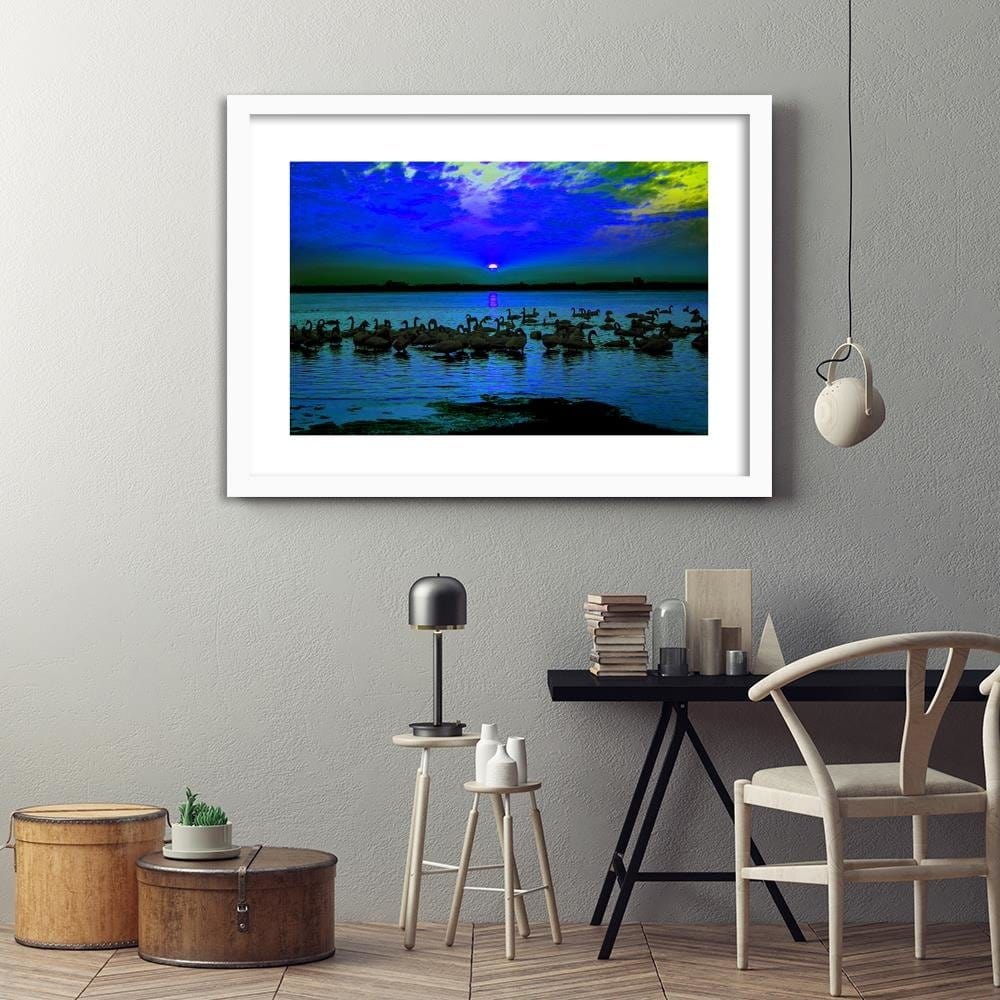 Glezna baltā rāmī - Swans On The Shore Of A Lake Home Trends DECO