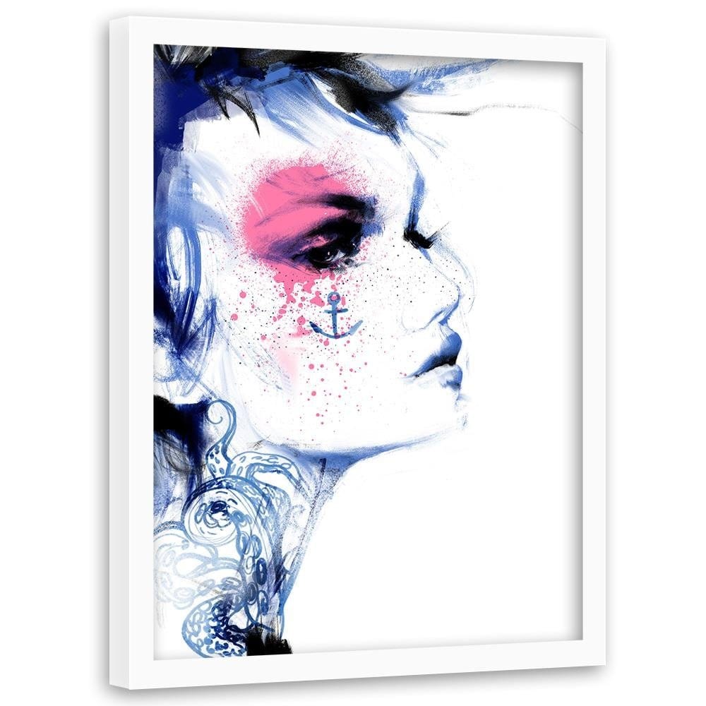 Glezna baltā rāmī - Tattoo Woman Blue Home Trends DECO
