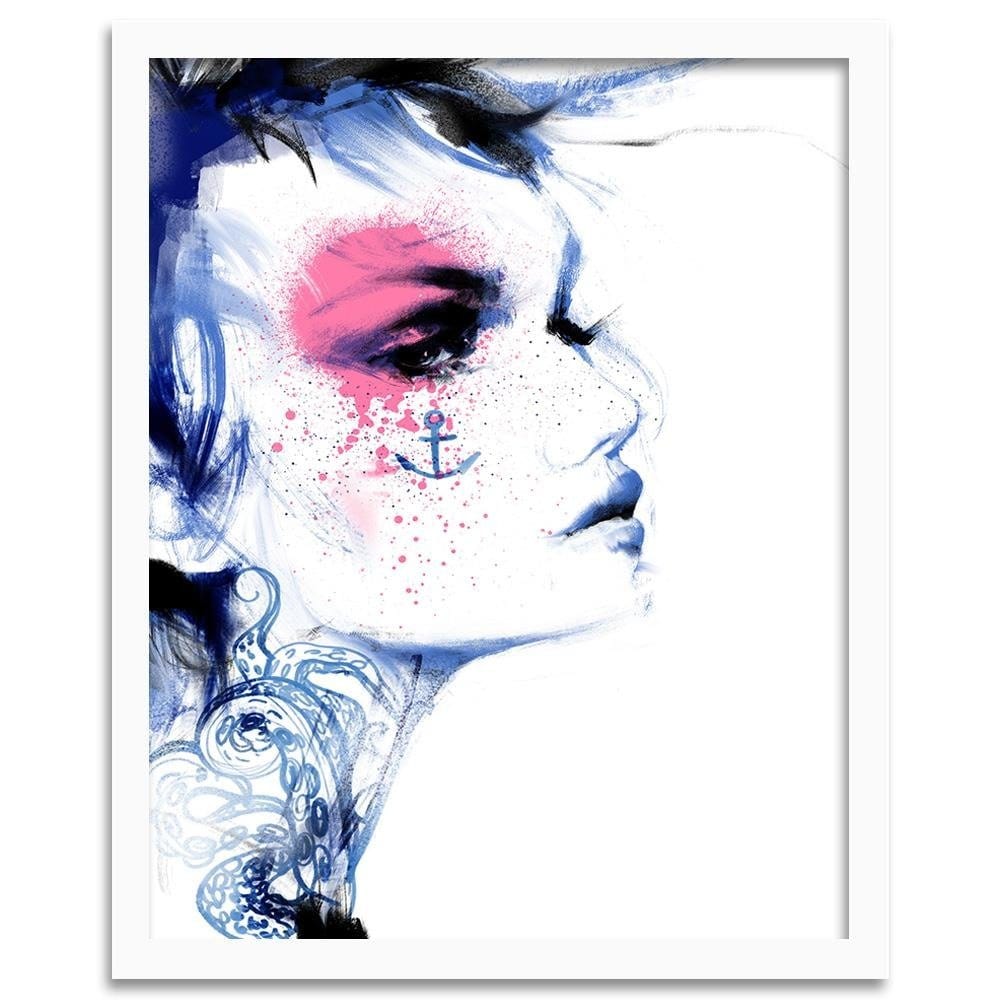 Glezna baltā rāmī - Tattoo Woman Blue Home Trends DECO