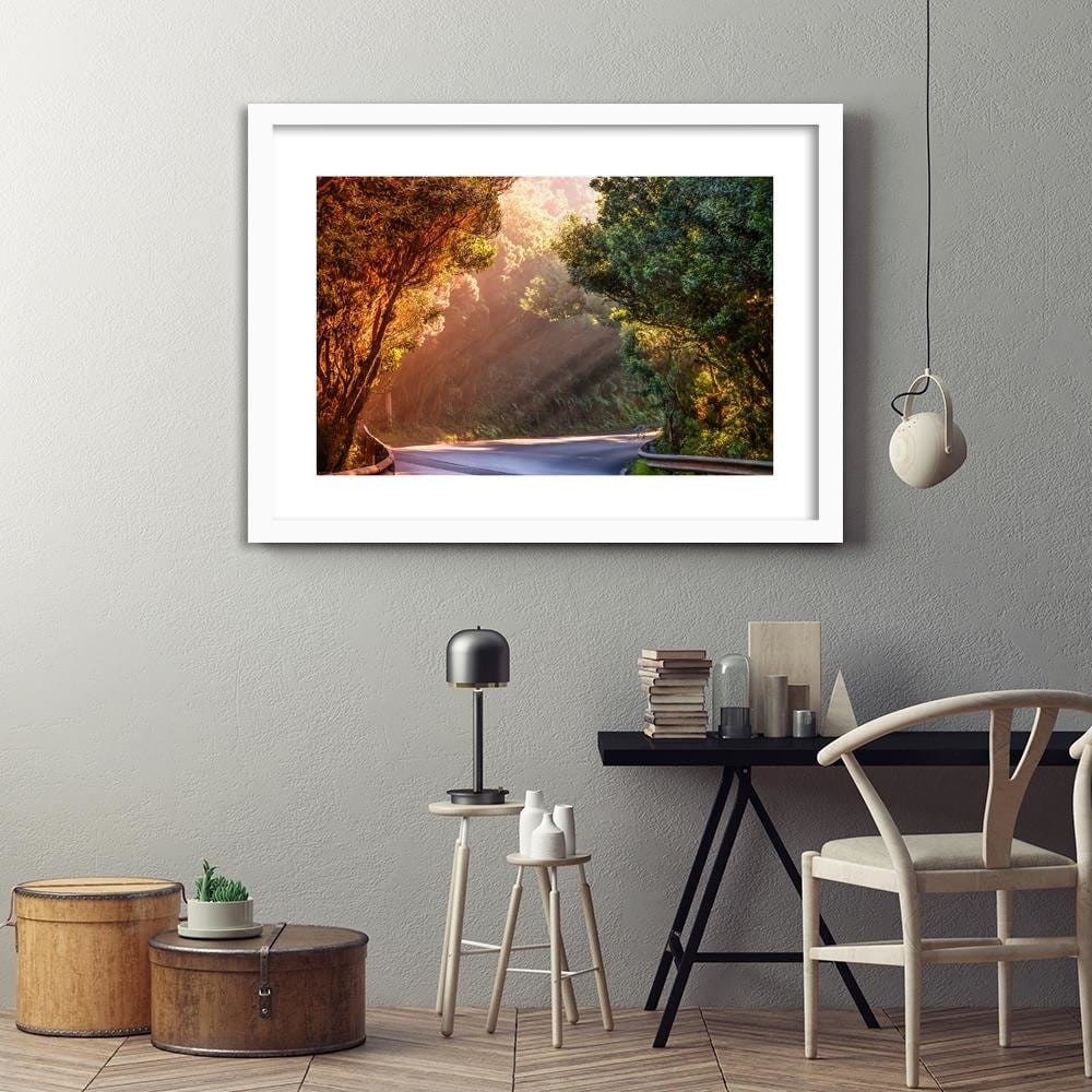 Glezna baltā rāmī - The Rays Of The Sun On The Forest Road Home Trends DECO