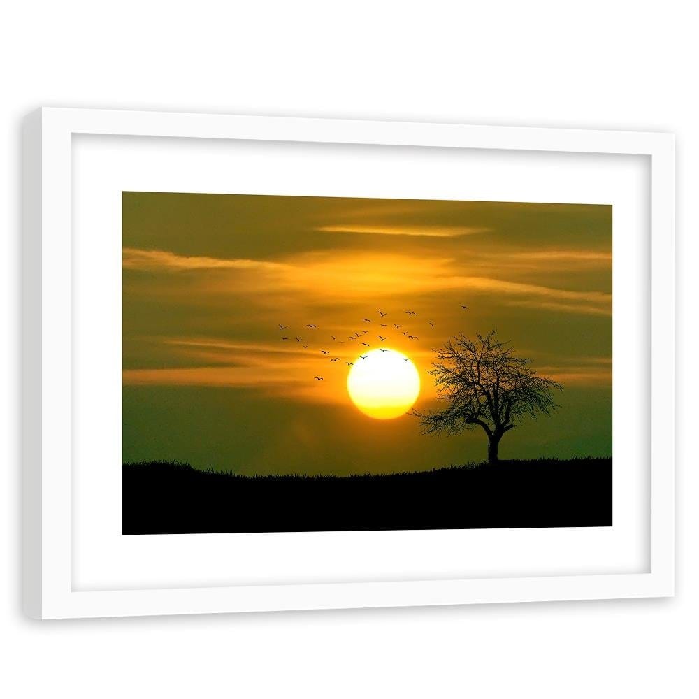Glezna baltā rāmī - Tree Birds And Sunset Home Trends DECO