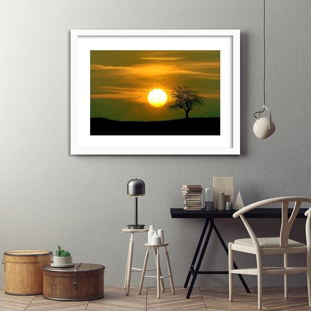 Glezna baltā rāmī - Tree Birds And Sunset Home Trends DECO