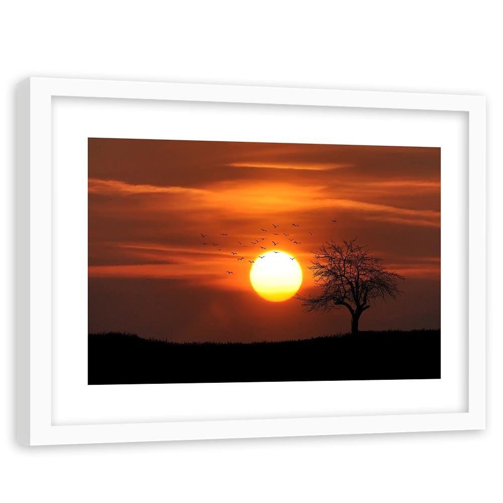 Glezna baltā rāmī - Tree Birds And Sunset Home Trends DECO