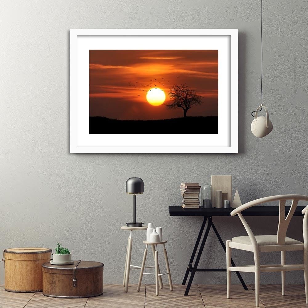 Glezna baltā rāmī - Tree Birds And Sunset Home Trends DECO