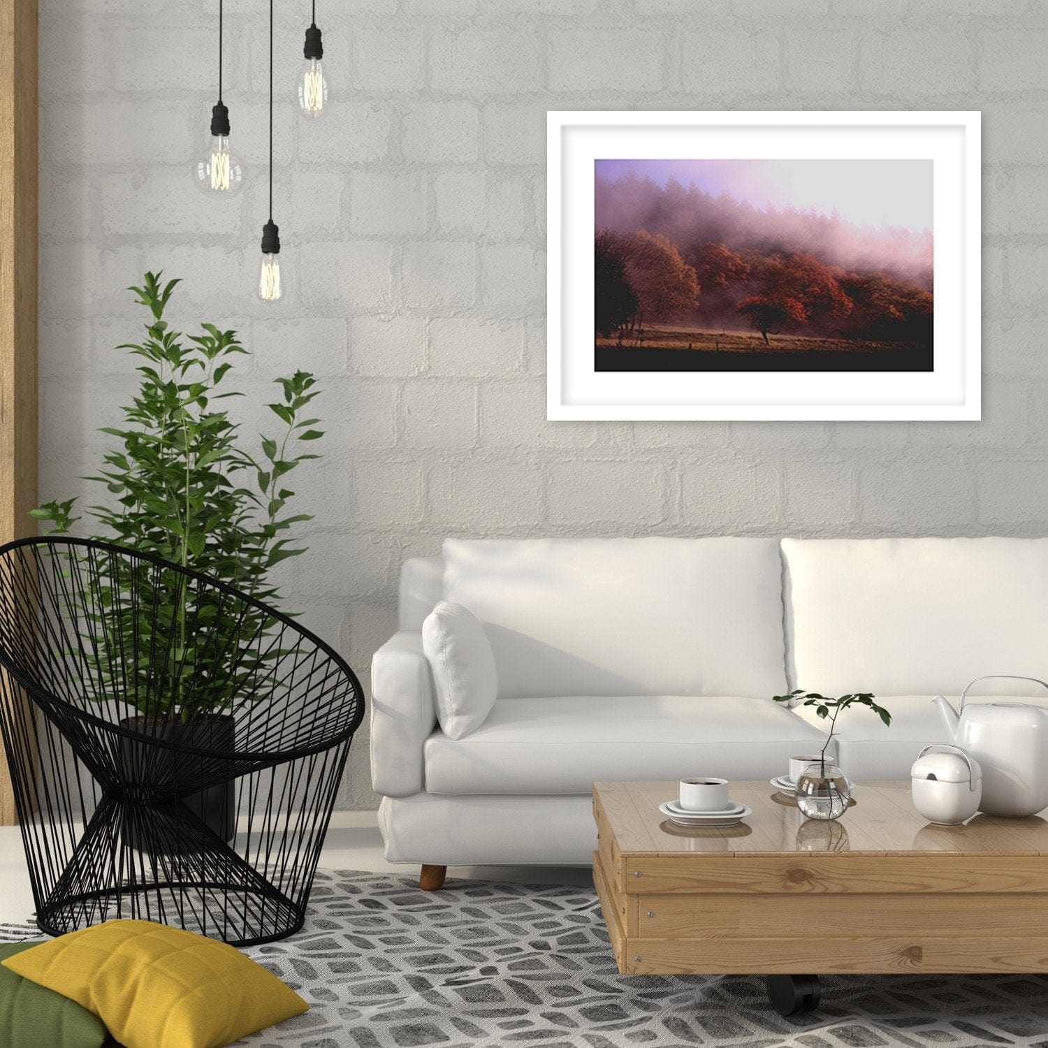Glezna baltā rāmī - Trees In The Fog Home Trends DECO