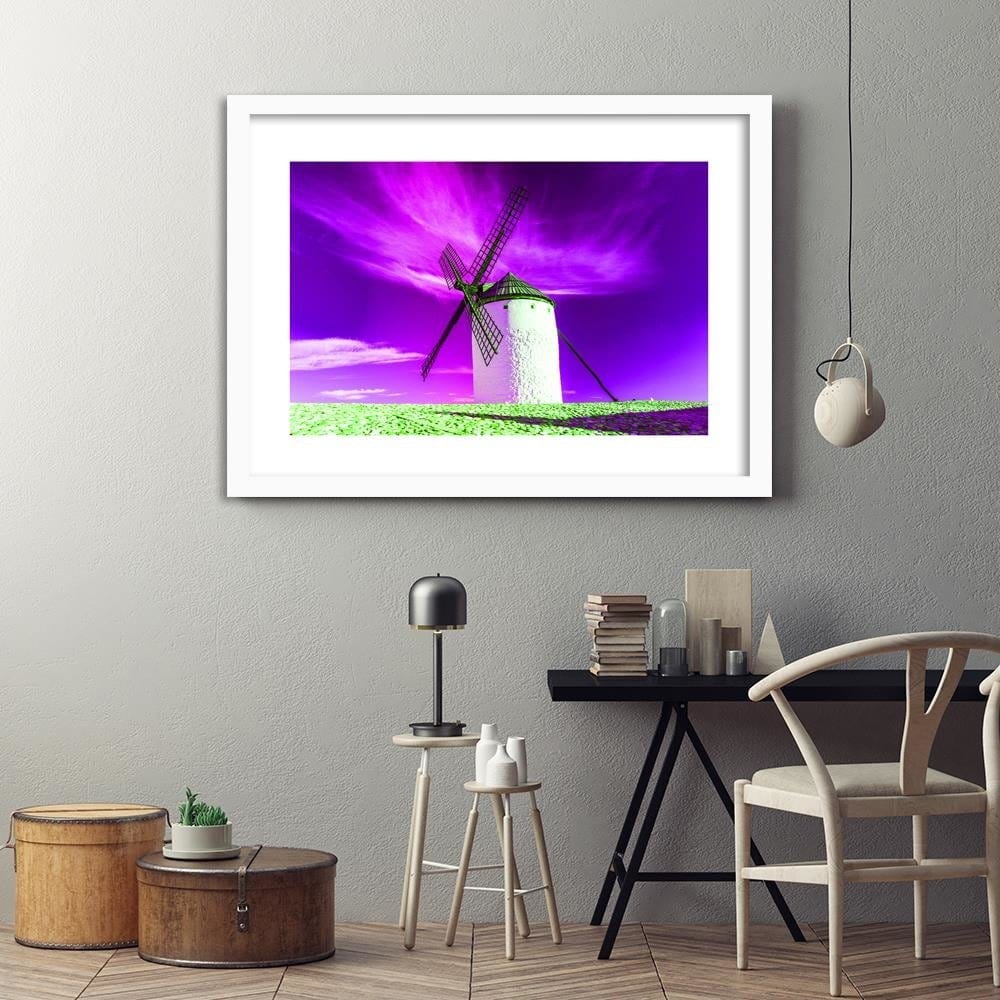 Glezna baltā rāmī - Windmill And Purple Sky Home Trends DECO