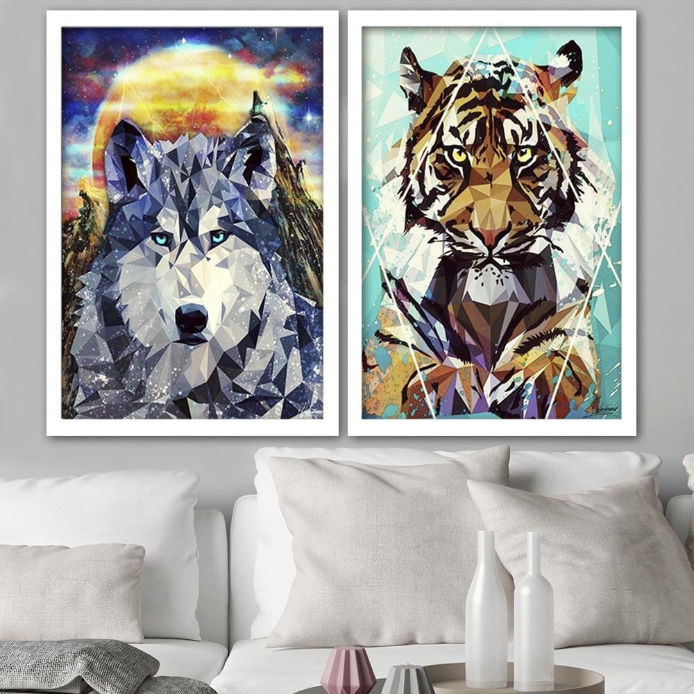 Glezna baltā rāmī - Wolf On A Background Of Mountains Home Trends DECO