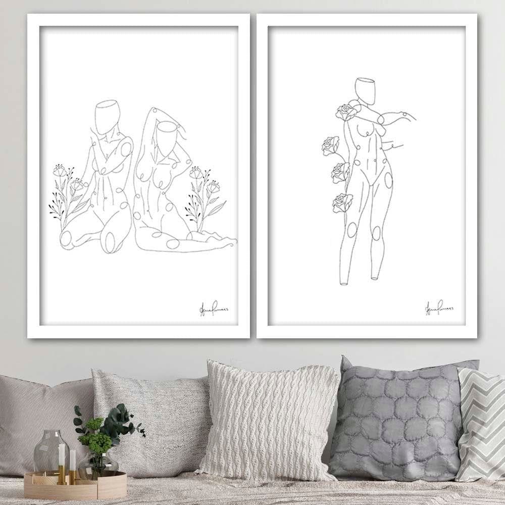 Glezna baltā rāmī - Woman And Roses Minimalism Home Trends DECO