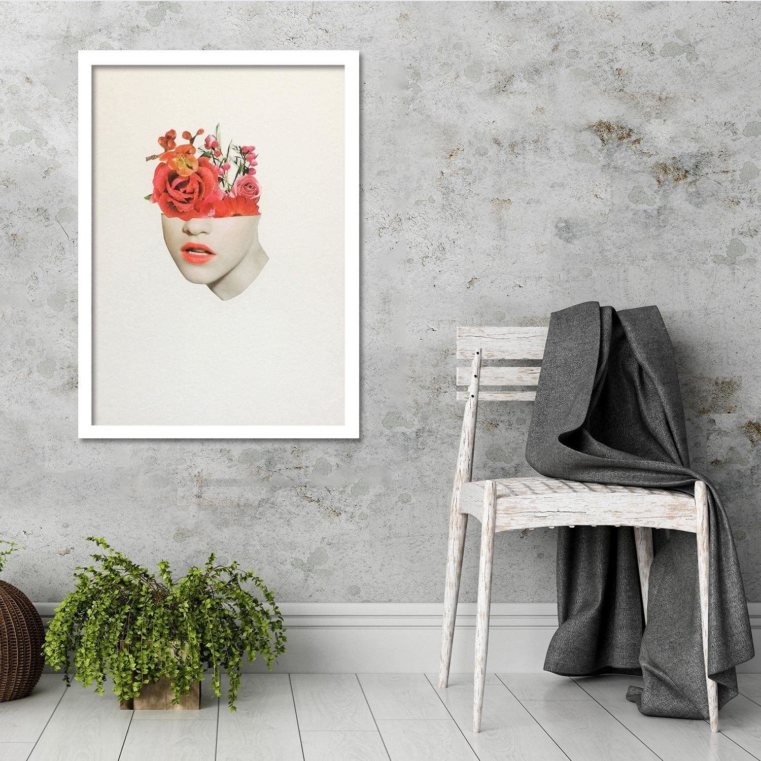Glezna baltā rāmī - Woman Face With Red Roses Home Trends DECO