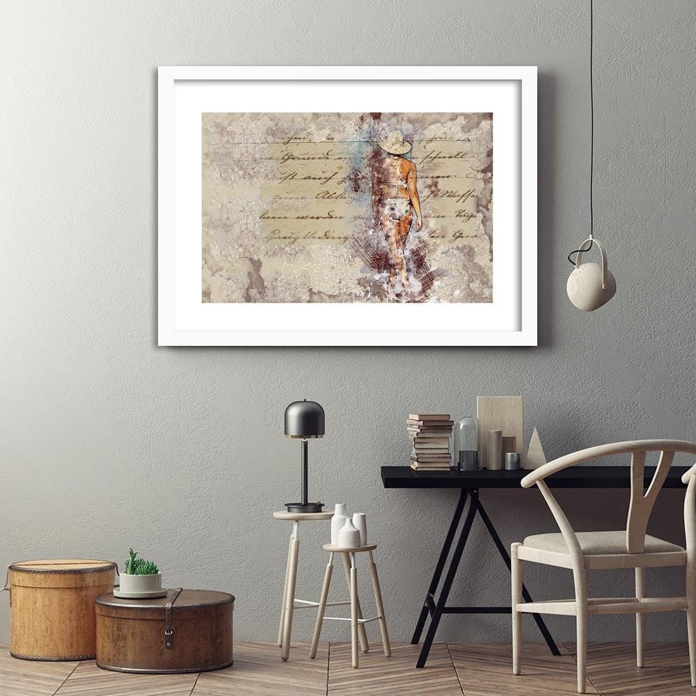 Glezna baltā rāmī - Woman In Bikini And Hat Home Trends DECO