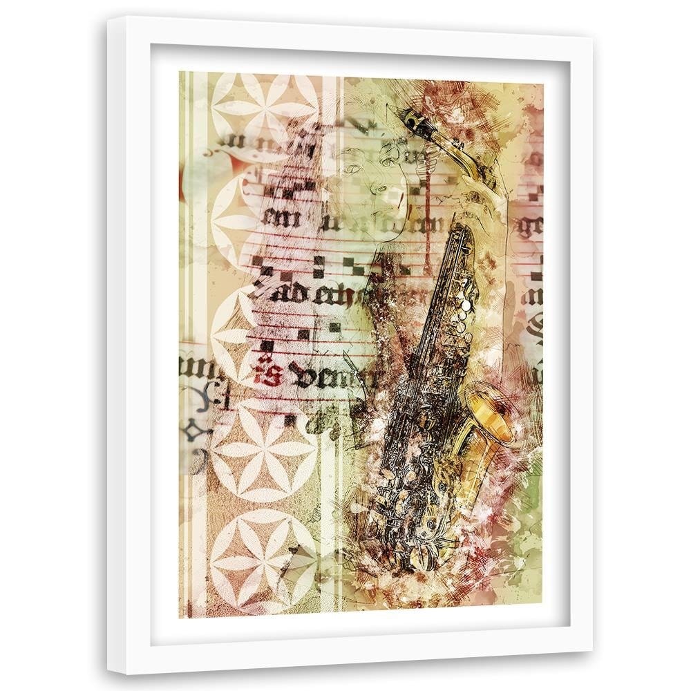 Glezna baltā rāmī - Woman With Saxophone Abstraction Home Trends DECO