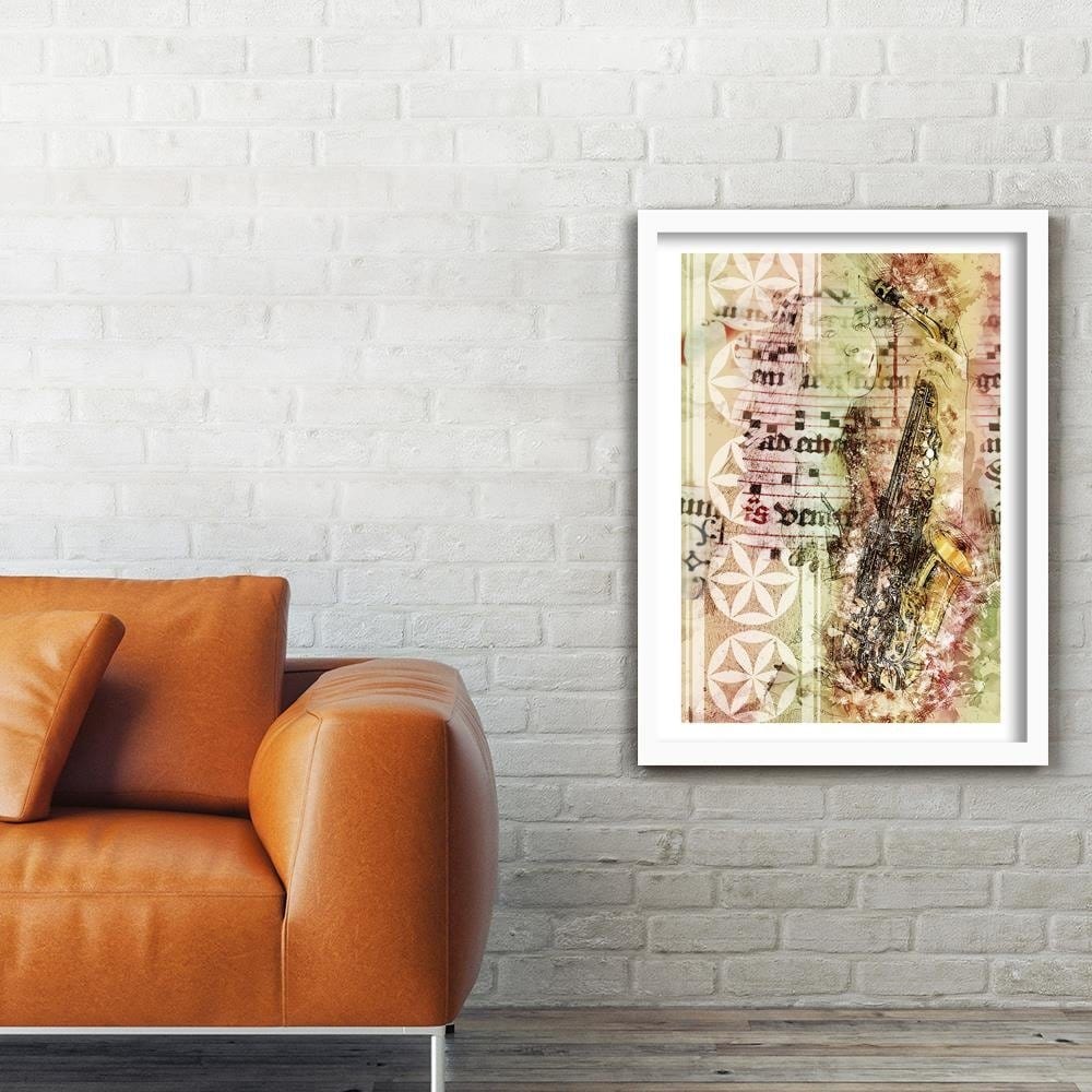 Glezna baltā rāmī - Woman With Saxophone Abstraction Home Trends DECO