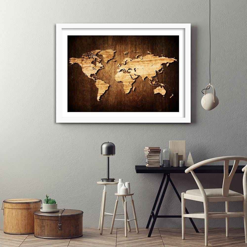 Glezna baltā rāmī - Wooden World Map Home Trends DECO
