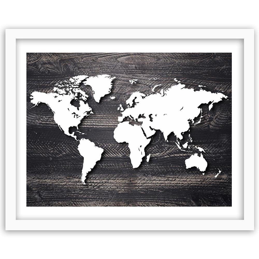 Glezna baltā rāmī - World Map On A Gray Wood Home Trends DECO