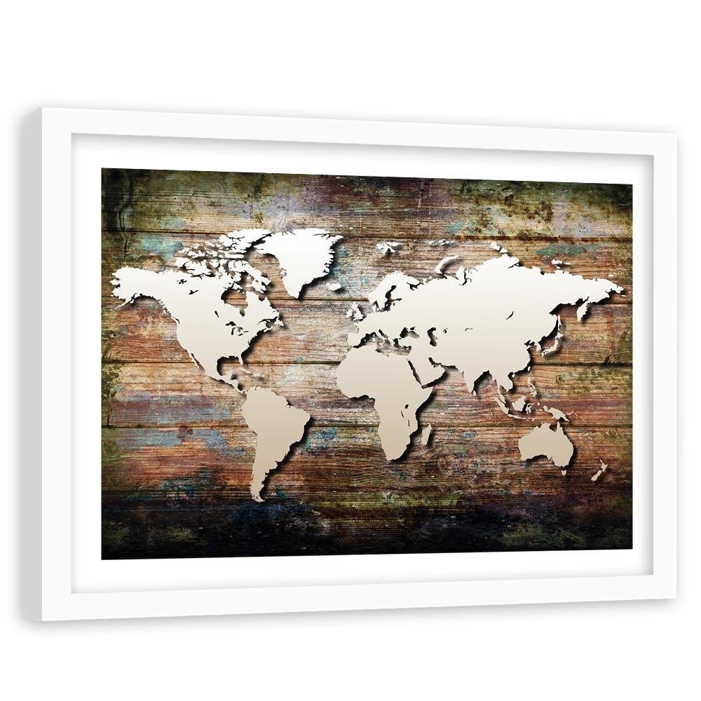 Glezna baltā rāmī - World Map On Old Boards Home Trends DECO