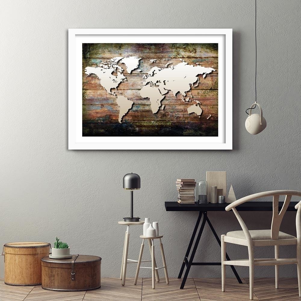 Glezna baltā rāmī - World Map On Old Boards Home Trends DECO