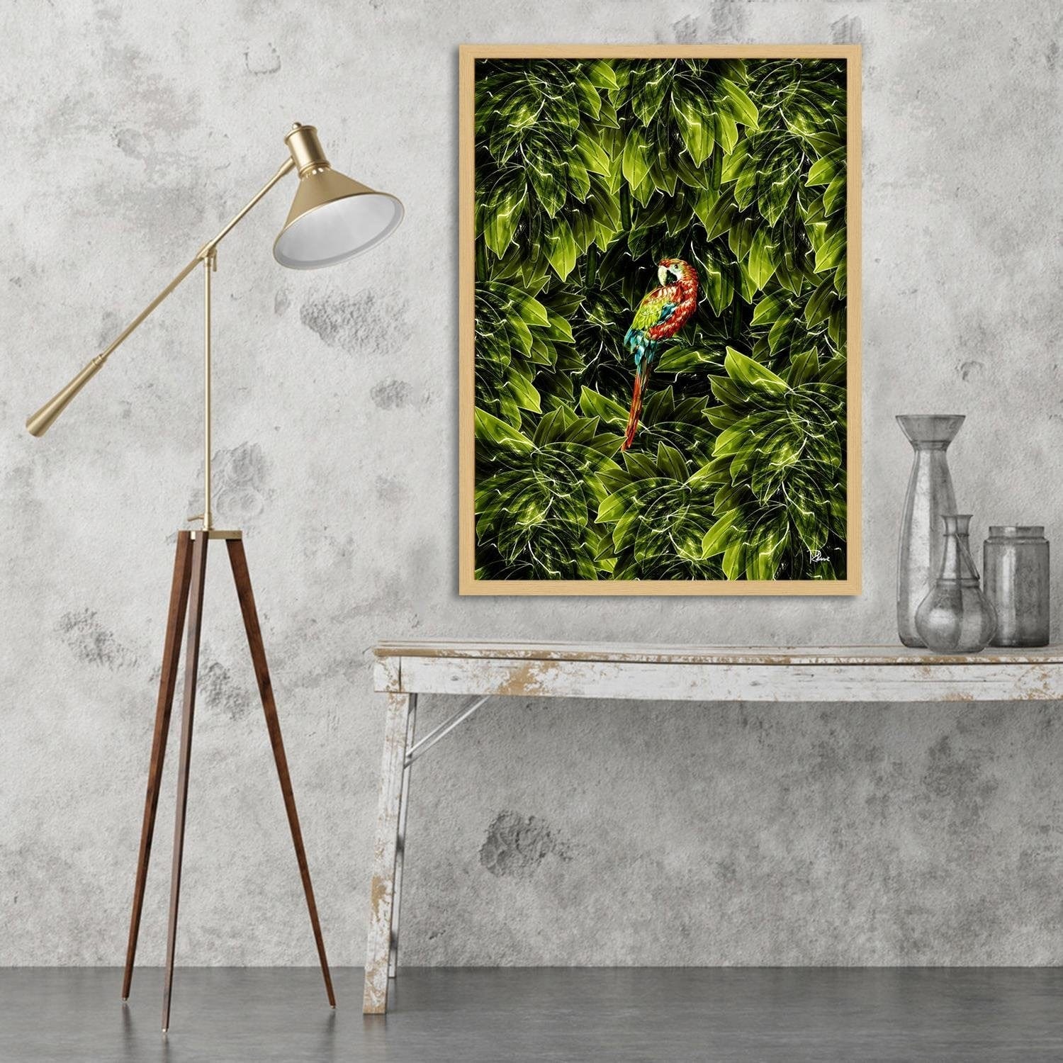 Glezna bēšā rāmī - Macaw Tropical Green Home Trends DECO
