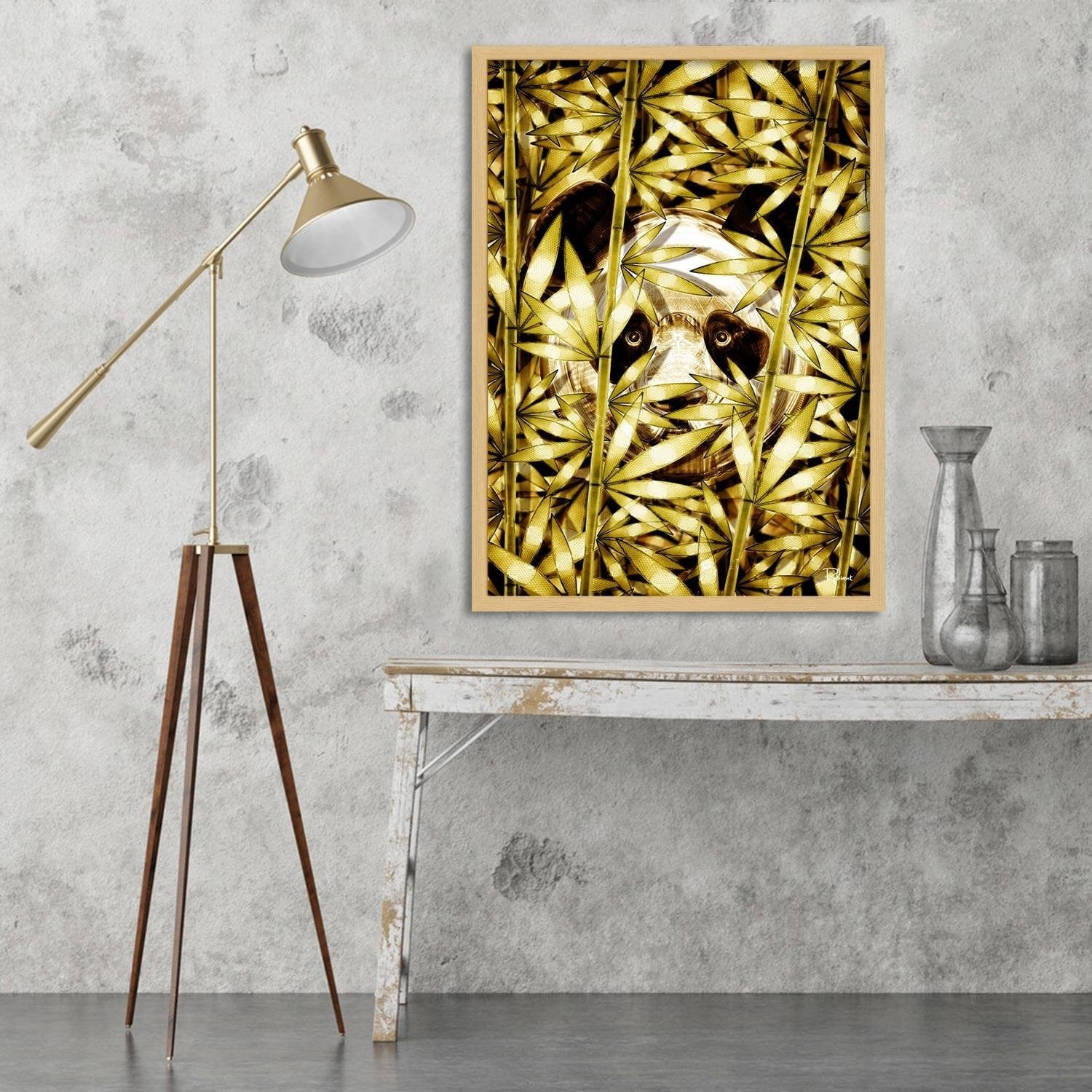 Glezna bēšā rāmī - Panda Image Animal Print Gold Home Trends DECO