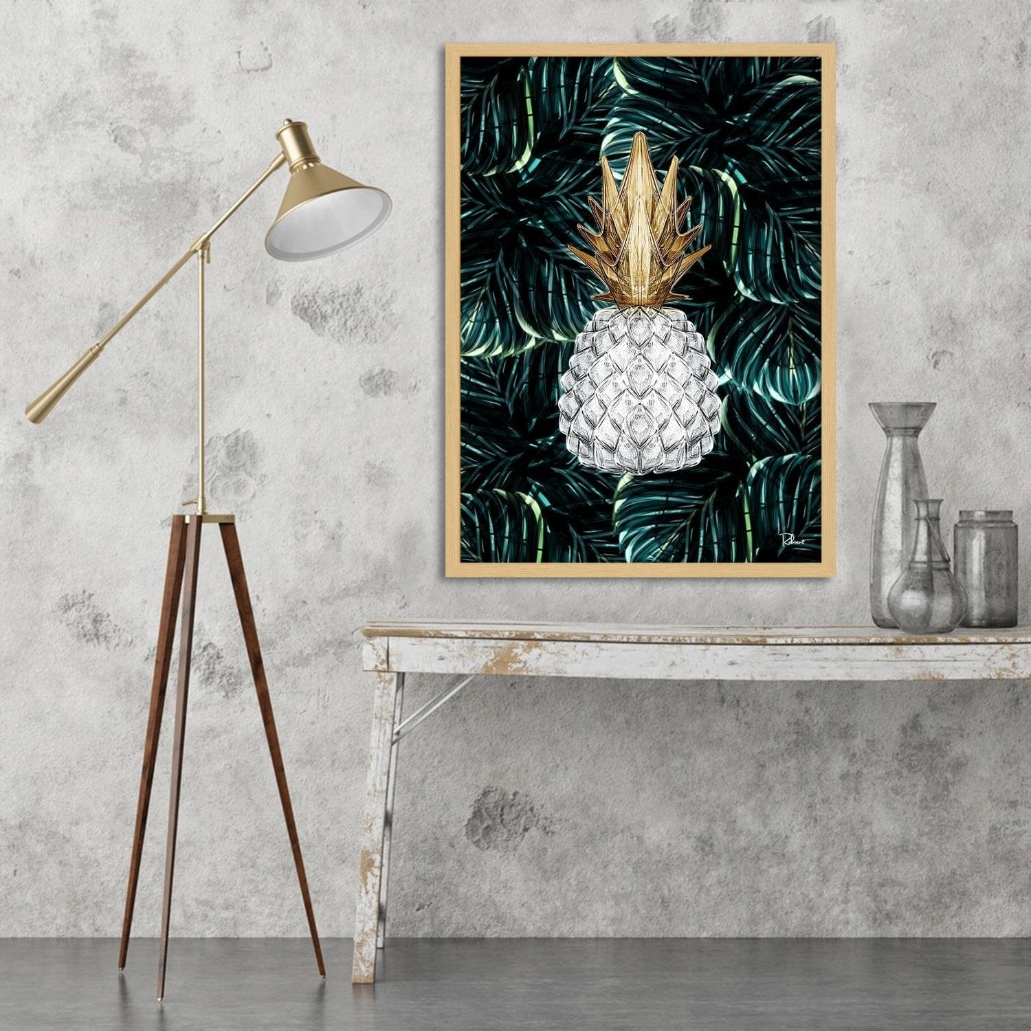 Glezna bēšā rāmī - Pineapple Image Tropical Green Home Trends DECO