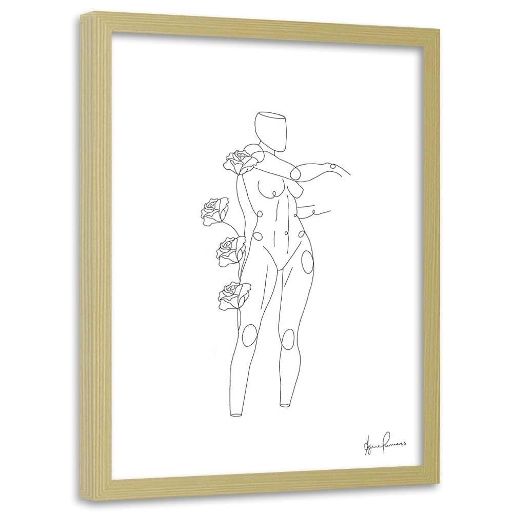 Glezna bēšā rāmī - Woman And Roses Minimalism Home Trends DECO