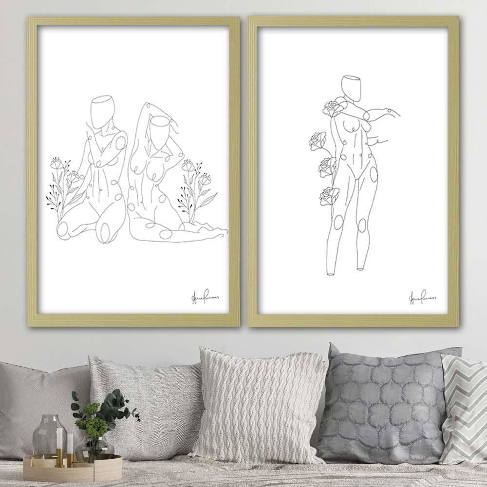 Glezna bēšā rāmī - Woman And Roses Minimalism Home Trends DECO