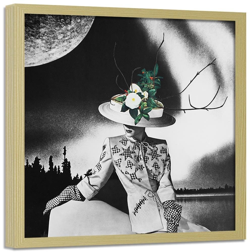 Glezna bēšā rāmī - Woman In Hat With Flowers Home Trends DECO