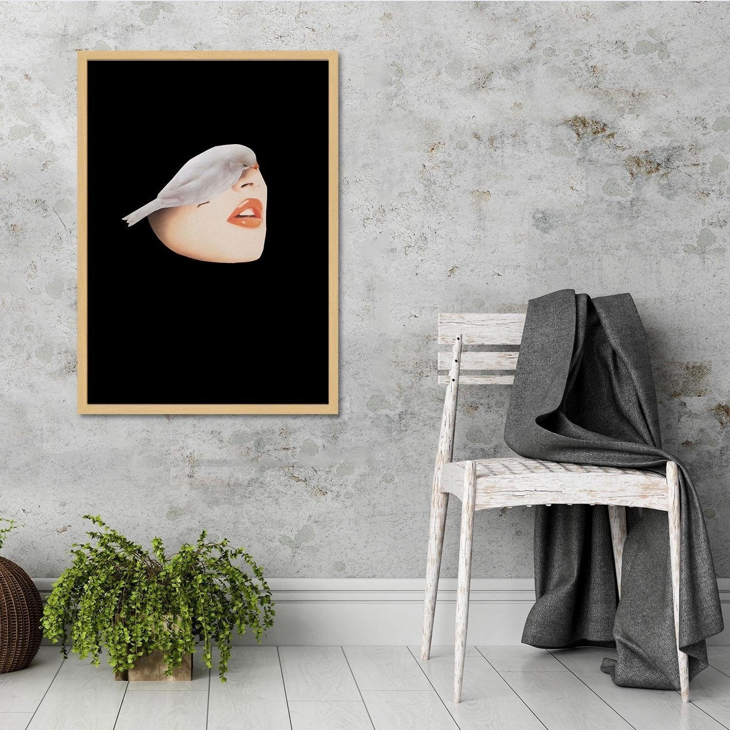 Glezna bēšā rāmī - Woman With Bird Black Home Trends DECO