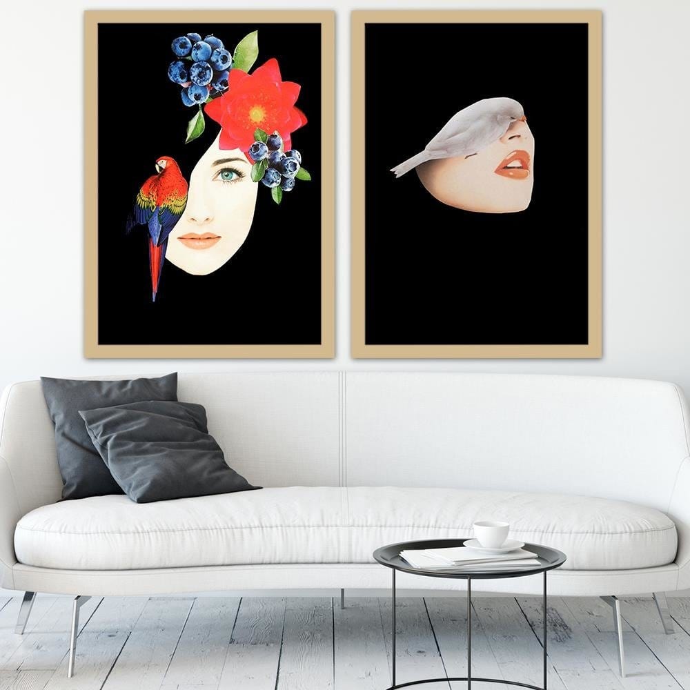 Glezna bēšā rāmī - Woman With Bird Black Home Trends DECO