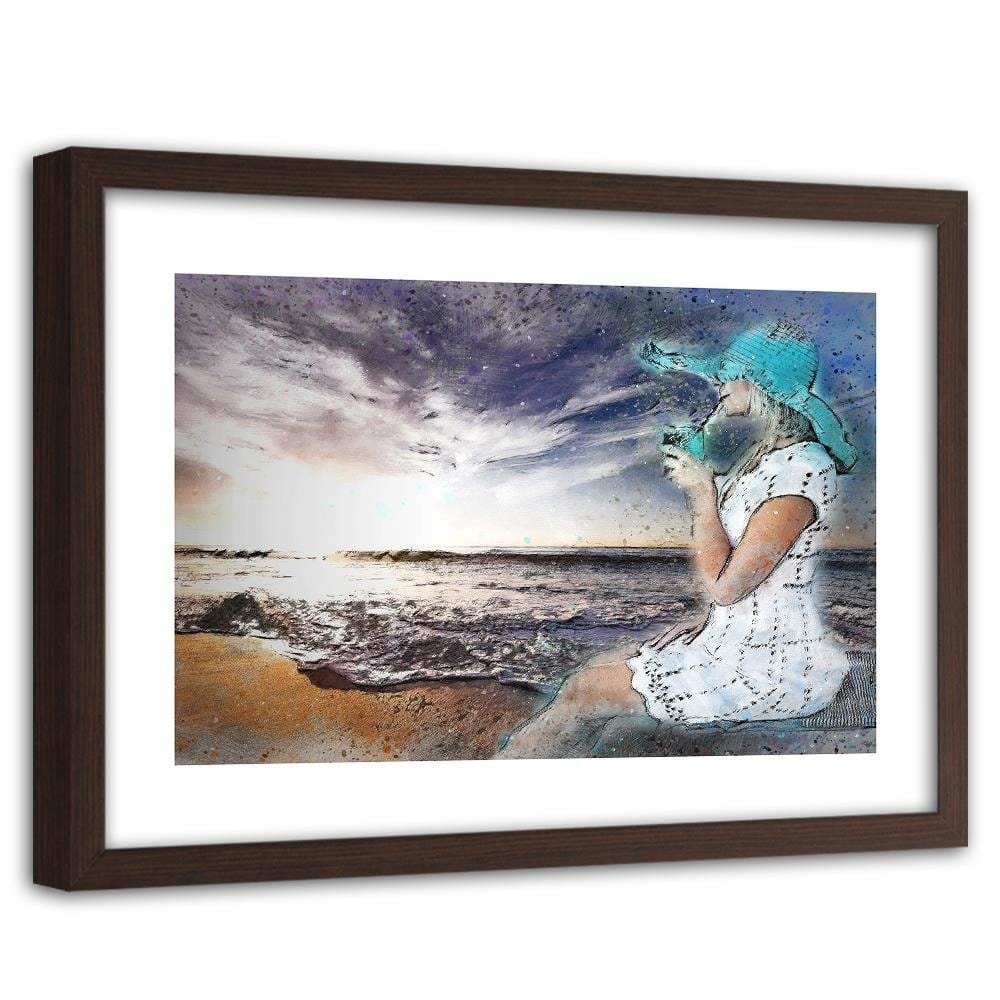 Glezna brūnā rāmī - A Woman In A Hat By The Sea Home Trends DECO