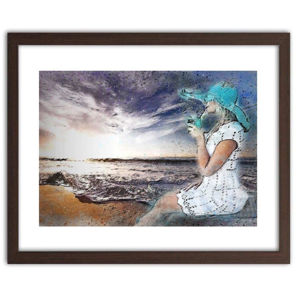 Glezna brūnā rāmī - A Woman In A Hat By The Sea Home Trends DECO
