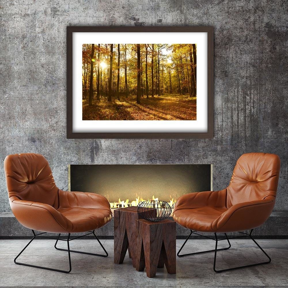 Glezna brūnā rāmī - Autumn Sun Rays In The Forest Home Trends DECO