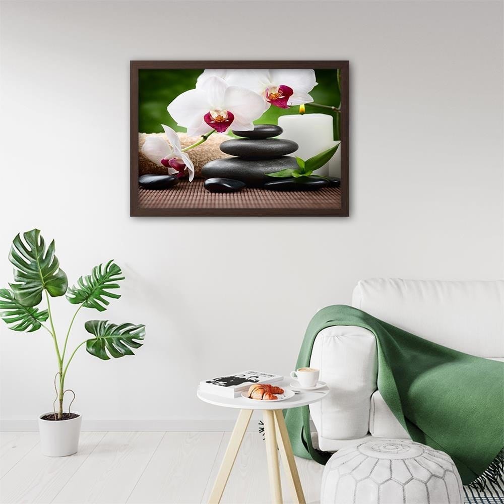 Glezna brūnā rāmī - Black Stones And White Orchid Home Trends DECO