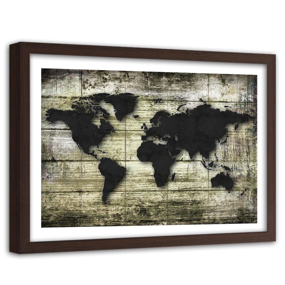 Glezna brūnā rāmī - Black World Map On The Boards Home Trends DECO