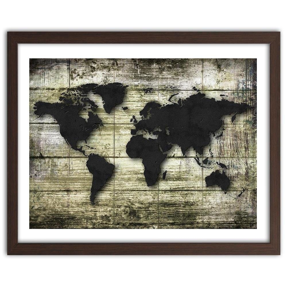 Glezna brūnā rāmī - Black World Map On The Boards Home Trends DECO